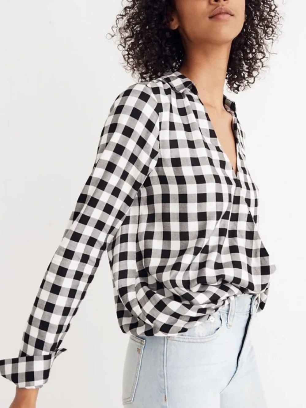 Madewell Black White Gingham Buffalo Plaid Long Sleeve Cowl Open Wrap Blouse XL